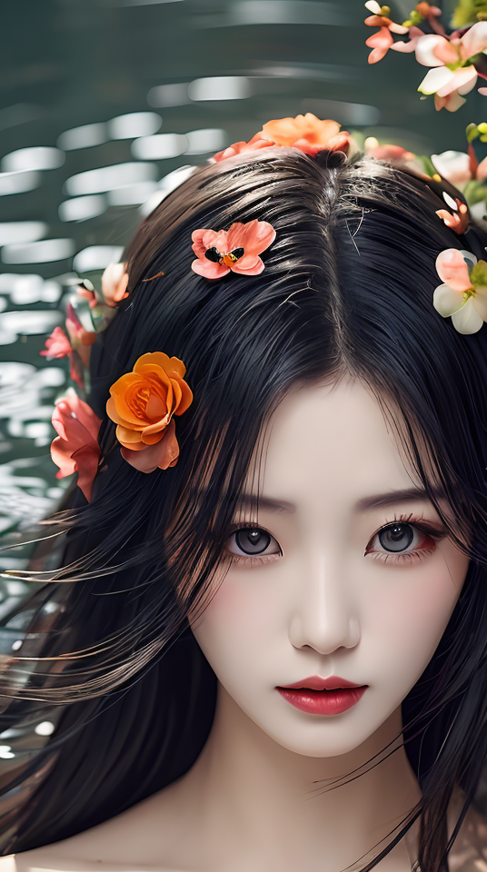 02488-2760201426-a woman with long black hair is surrounded by water with flowers, in the style of dreamlike realism, dark gray and orange, han d.png